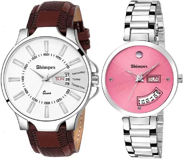 Premium_Watches_White_Pink_Metal_Genuine_Leather_Couple_Waterproof_With_A_One_Year_Warranty_Day_And_Date_Analog
