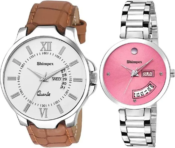 Premium_Watches_White_Pink_Metal_Genuine_Leather_Couple_Waterproof_With_A_One_Year_Warranty_Day_And_Date_Analog
