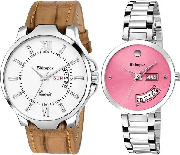 Premium_Watches_White_Pink_Metal_Genuine_Leather_Couple_Waterproof_With_A_One_Year_Warranty_Day_And_Date_Analog