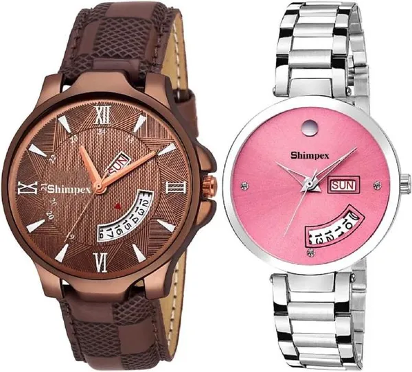 Premium_Watches_Brown_Pink_Metal_Genuine_Leather_Couple_Waterproof_With_A_One_Year_Warranty_Day_And_Date_Analog