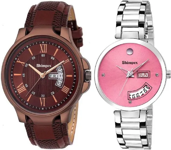Premium_Watches_Brown_Pink_Metal_Genuine_Leather_Couple_Waterproof_With_A_One_Year_Warranty_Day_And_Date_Analog
