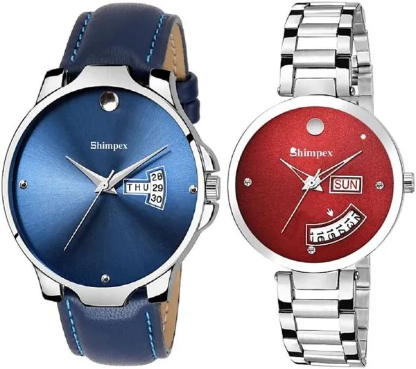 Premium_Watches_Blue_Red_Metal_Genuine_Leather_Couple_Waterproof_With_A_One_Year_Warranty_Day_And_Date_Analog