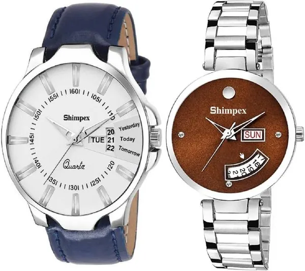 Premium_Watches_White_Brown_Metal_Genuine_Leather_Couple_Waterproof_With_A_One_Year_Warranty_Day_And_Date_Analog