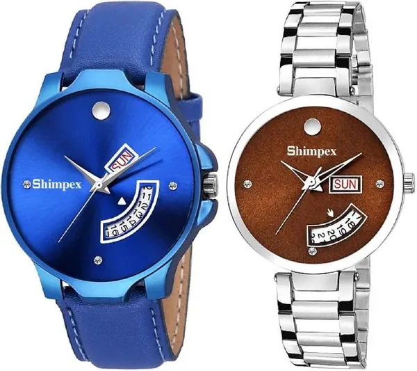 Premium_Watches_Blue_Brown_Metal_Genuine_Leather_Couple_Waterproof_With_A_One_Year_Warranty_Day_And_Date_Analog