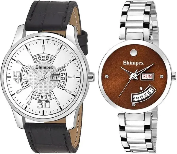 Premium_Watches_White_Brown_Metal_Genuine_Leather_Couple_Waterproof_With_A_One_Year_Warranty_Day_And_Date_Analog