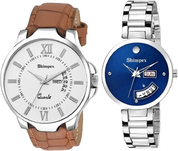 Premium_Watches_White_Blue_Metal_Genuine_Leather_Couple_Waterproof_With_A_One_Year_Warranty_Day_And_Date_Analog