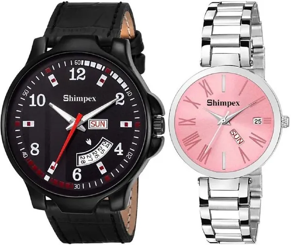 Premium_Watches_Pink_Black_Metal_Genuine_Leather_Couple_Waterproof_With_A_One_Year_Warranty_Day_And_Date_Analog