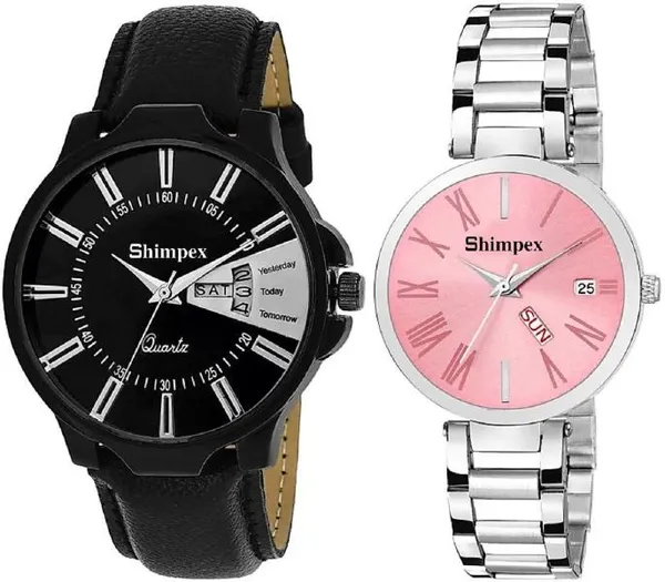 Premium_Watches_Pink_Black_Metal_Genuine_Leather_Couple_Waterproof_With_A_One_Year_Warranty_Day_And_Date_Analog