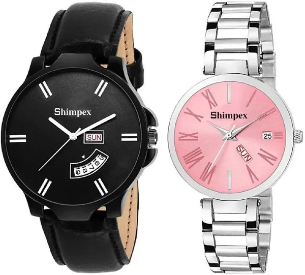 Premium_Watches_Pink_Black_Metal_Genuine_Leather_Couple_Waterproof_With_A_One_Year_Warranty_Day_And_Date_Analog