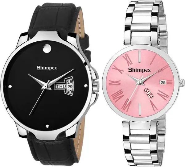 Premium_Watches_Pink_Black_Metal_Genuine_Leather_Couple_Waterproof_With_A_One_Year_Warranty_Day_And_Date_Analog