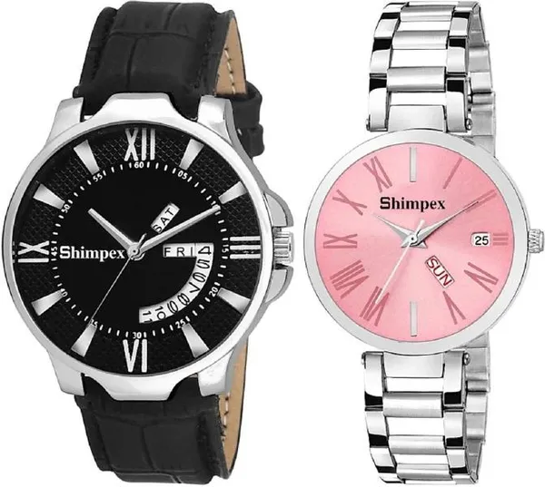 Premium_Watches_Pink_Black_Metal_Genuine_Leather_Couple_Waterproof_With_A_One_Year_Warranty_Day_And_Date_Analog