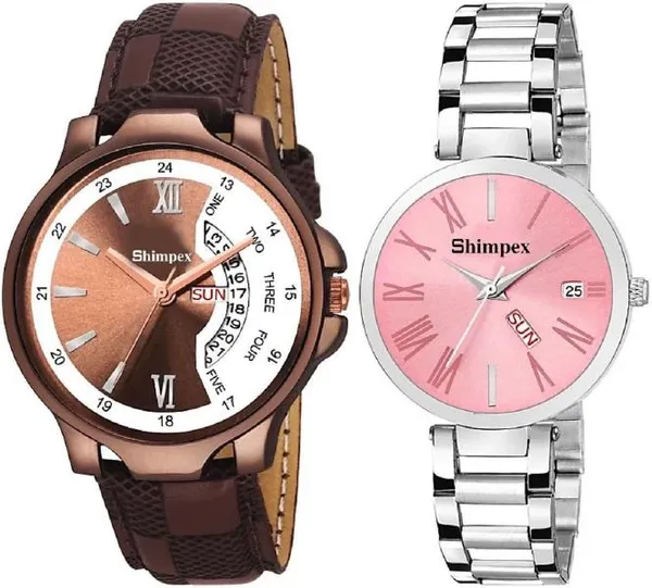Premium_Watches_Pink_Brown_Metal_Genuine_Leather_Couple_Waterproof_With_A_One_Year_Warranty_Day_And_Date_Analog
