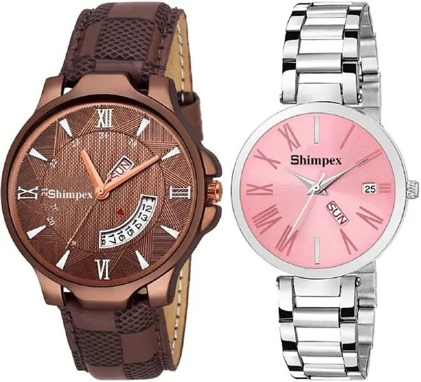 Premium_Watches_Pink_Brown_Metal_Genuine_Leather_Couple_Waterproof_With_A_One_Year_Warranty_Day_And_Date_Analog