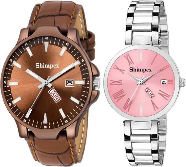 Premium_Watches_Pink_Brown_Metal_Genuine_Leather_Couple_Waterproof_With_A_One_Year_Warranty_Day_And_Date_Analog