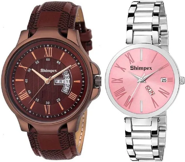 Premium_Watches_Pink_Brown_Metal_Genuine_Leather_Couple_Waterproof_With_A_One_Year_Warranty_Day_And_Date_Analog