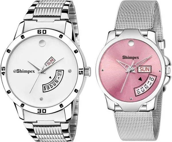 Premium_Watches_White_Stainless_Steel_Couple_Waterproof_With_A_One_Year_Warranty_Day_And_Date_Analog