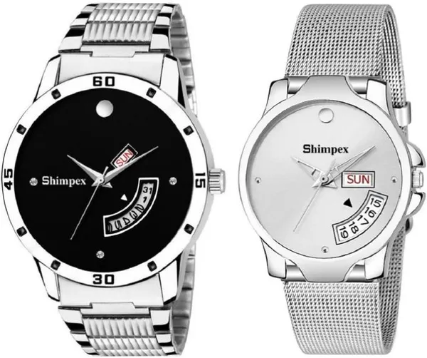 Premium_Watches_Black_White_Stainless_Steel_Couple_Waterproof_With_A_One_Year_Warranty_Day_And_Date_Analog