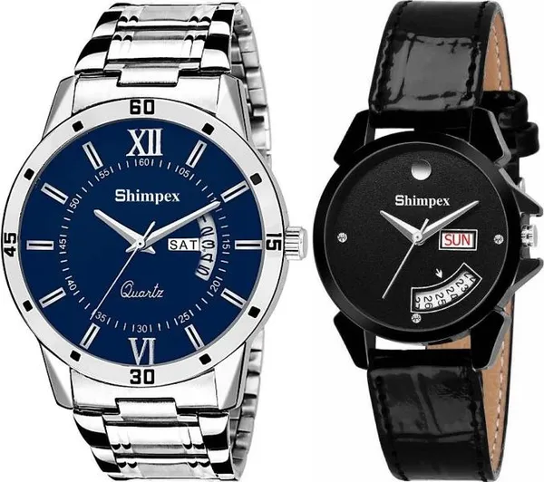 Shimpex_Good_Quality__Watches_Blue_Black_Stainless_Steel_Genuine_Leather_Boys_&_Girls_Waterproof_With_A_One_Year_Warranty_Day_And_Date_Analog