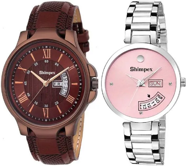 Premium_Watches_Pink_Brown_Metal_Genuine_Leather_Couple_Waterproof_With_A_One_Year_Warranty_Day_And_Date_Analog