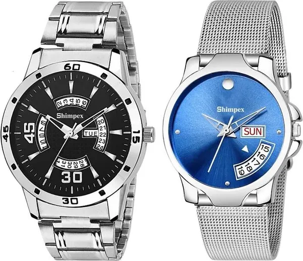 Premium_Watches_Blue_Black_Stainless_Steel_Couple_Waterproof_With_A_One_Year_Warranty_Day_And_Date_Analog