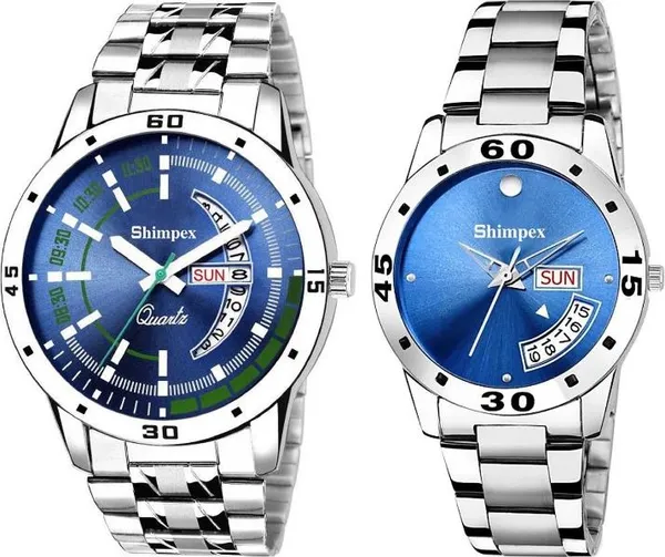Premium_Watches_Blue_Stainless_Steel_Couple_Waterproof_With_A_One_Year_Warranty_Day_And_Date_Analog