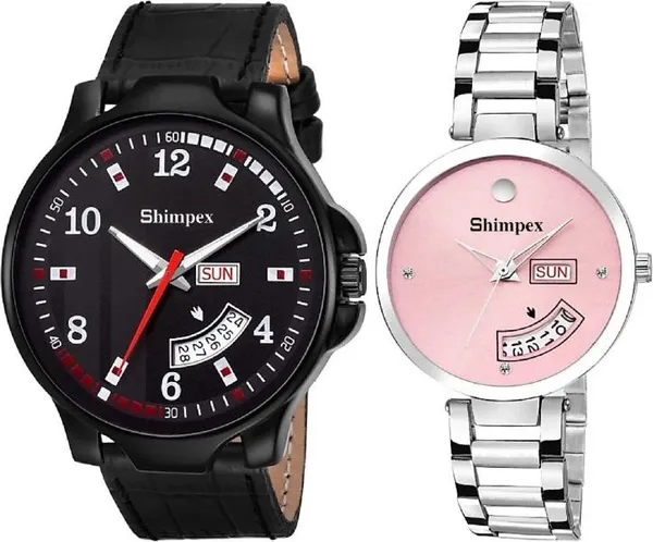 Premium_Watches_Pink_Black_Metal_Genuine_Leather_Couple_Waterproof_With_A_One_Year_Warranty_Day_And_Date_Analog
