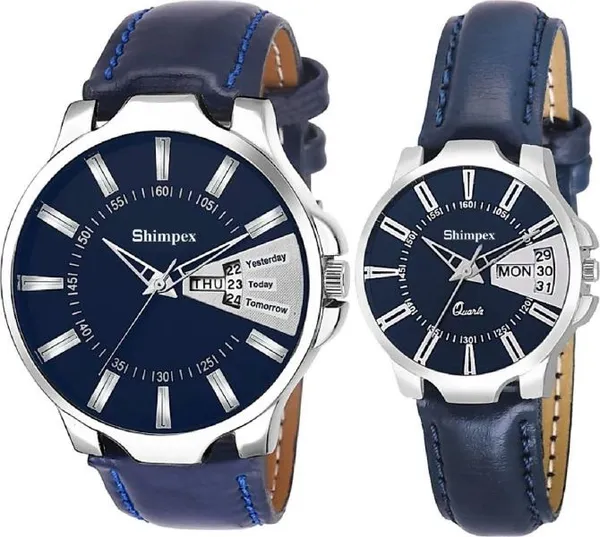 Premium_Watches_Blue_Genuine_Leather_Couple_Waterproof_With_A_One_Year_Warranty_Day_And_Date_Analog
