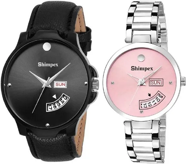 Premium_Watches_Pink_Black_Metal_Genuine_Leather_Couple_Waterproof_With_A_One_Year_Warranty_Day_And_Date_Analog