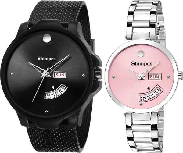 Premium_Watches_Pink_Black_Metal_Genuine_Leather_Couple_Waterproof_With_A_One_Year_Warranty_Day_And_Date_Analog