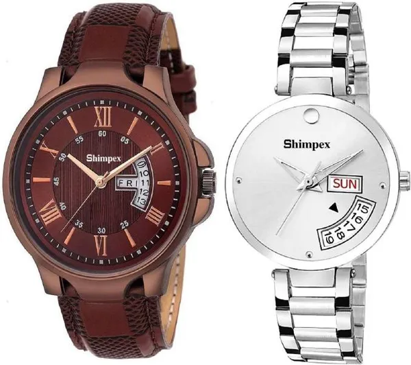 Premium_Watches_White_Brown_Metal_Genuine_Leather_Couple_Waterproof_With_A_One_Year_Warranty_Day_And_Date_Analog