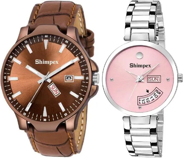 Premium_Watches_Pink_Brown_Metal_Genuine_Leather_Couple_Waterproof_With_A_One_Year_Warranty_Day_And_Date_Analog