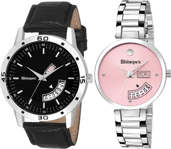 Premium_Watches_Pink_Black_Metal_Genuine_Leather_Couple_Waterproof_With_A_One_Year_Warranty_Day_And_Date_Analog