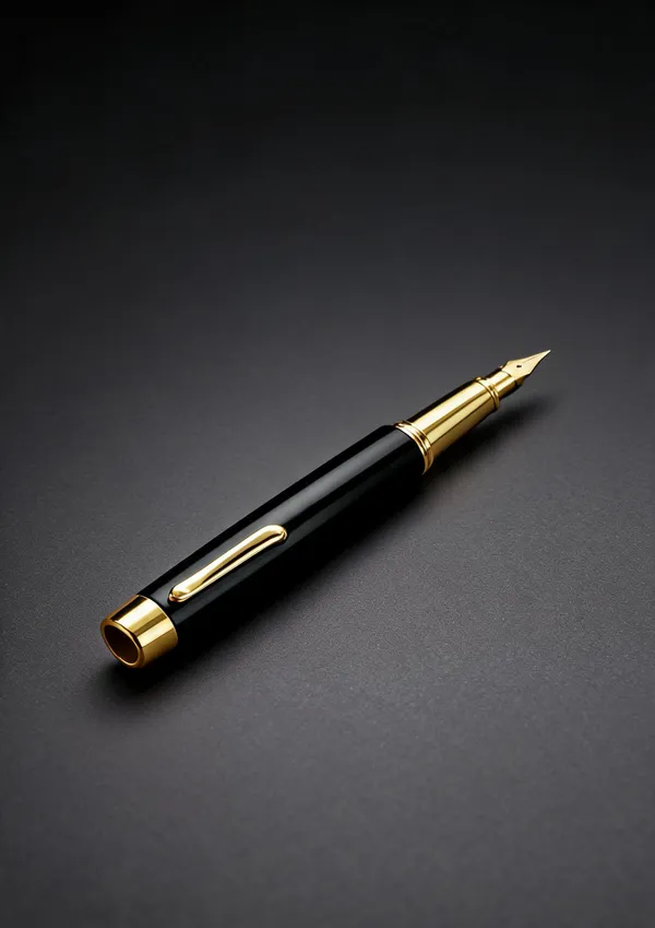 Black_Gold-Tone_Metal_Fountain_Pen_With_Cap