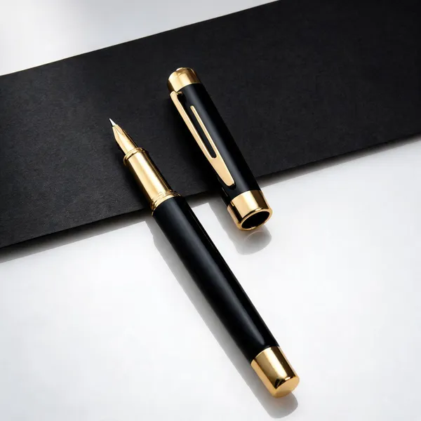 Black_Gold-Tone_Metal_Fountain_Pen_With_Cap