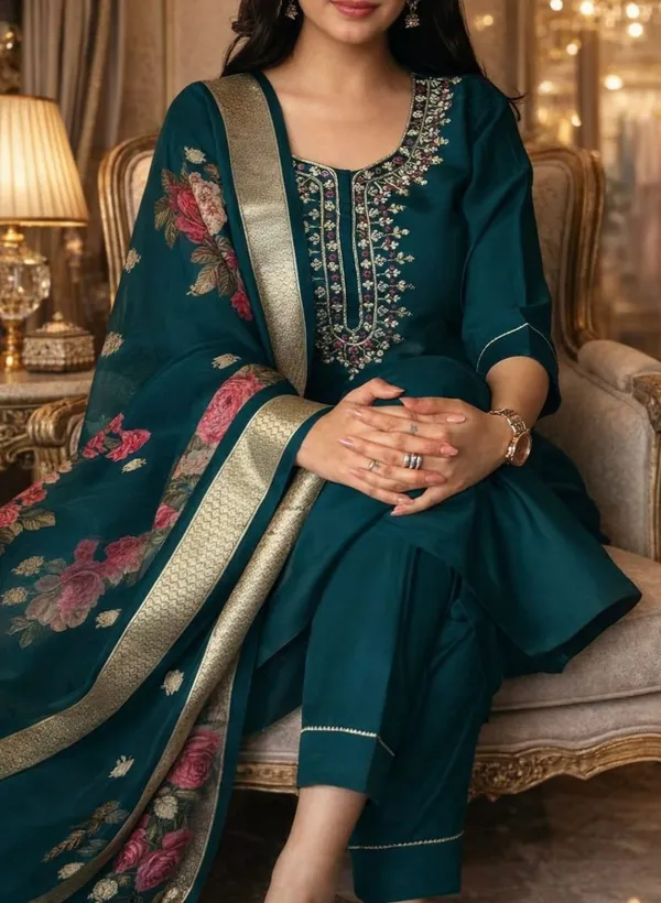 Teal_Embroidered_Straight_Kurta_Set_For_Women