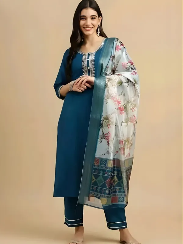 Blue_Straight_Kurta_Set_With_Floral_Dupatta_For_Women