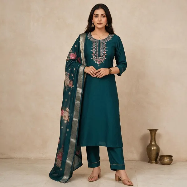 Teal_Embroidered_Straight_Kurta_Set_For_Women