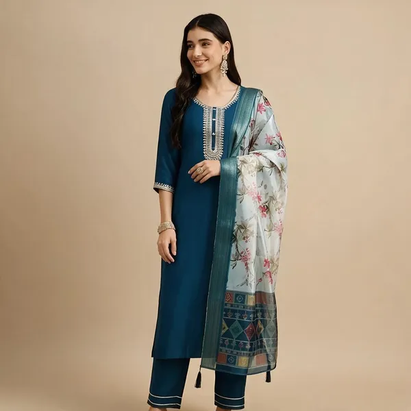 Blue_Straight_Kurta_Set_With_Floral_Dupatta_For_Women