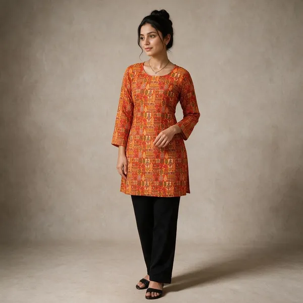 Orange_Printed_Lace-Up_Back_Kurti_For_Women
