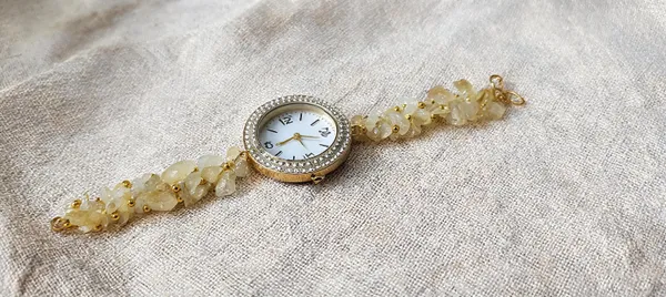 Citrine_Crystal_Gold-Tone_Analog_Bracelet_Wrist_Watch_For_Women