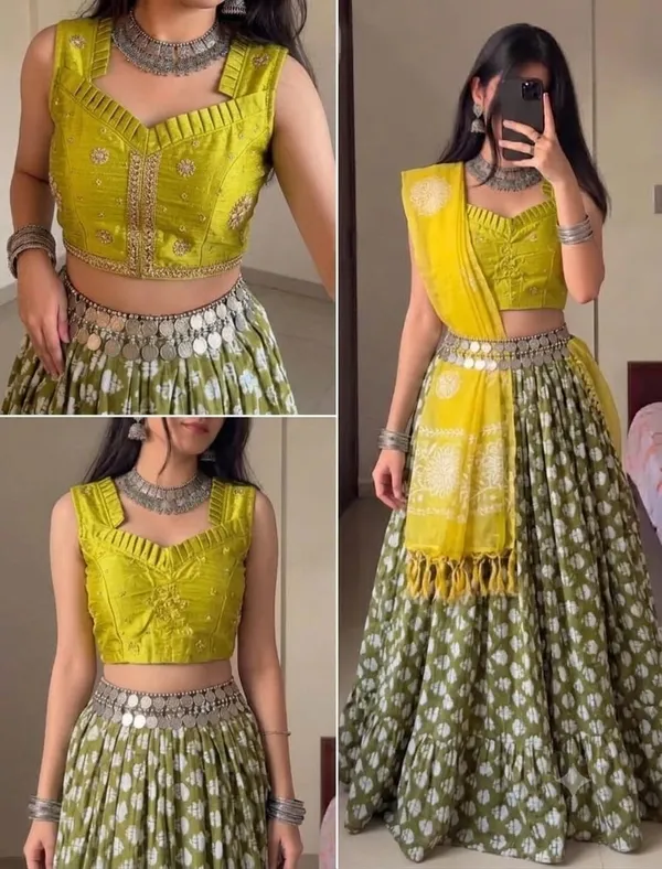 Olive_Green_Printed_Chaniya_Choli_Free_Size_Cotton