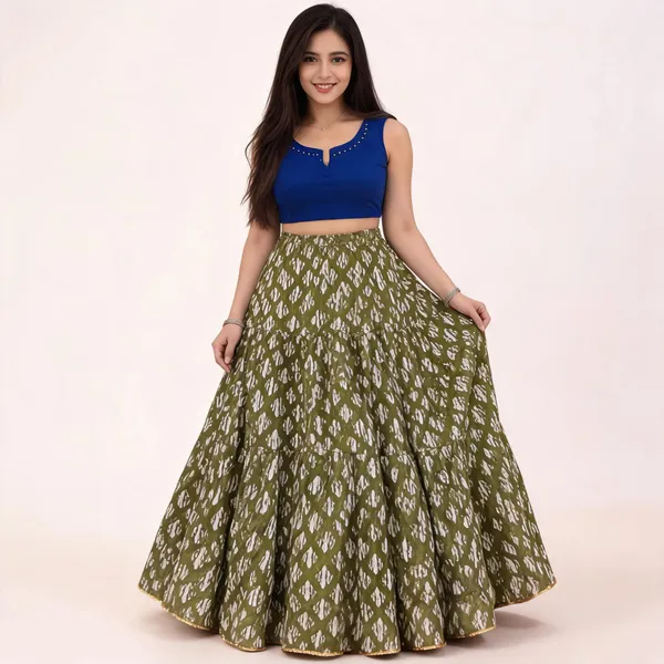 Olive_Green_Cotton_Printed_Flared_Chaniya_Choli_For_Women