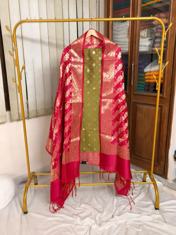 Olive_Green__And__Red_Soft_Silk_Unstitched_Suit_Set_Material_For_Women