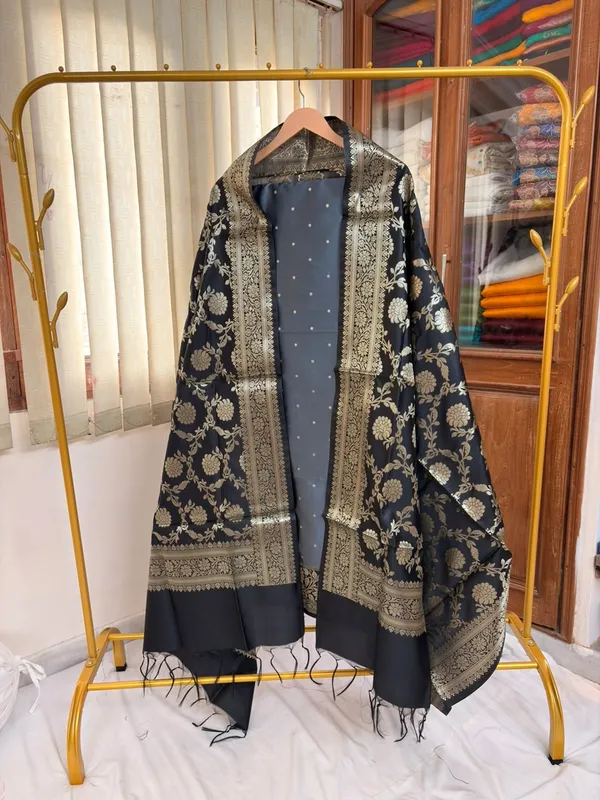Grey__And__Navy_Blue_Soft_Silk_Unstitched_Suit_Set_Material_For_Women