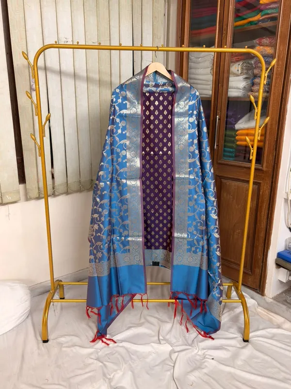 Purple__And__Blue_Soft_Silk_Unstitched_Suit_Set_Material_For_Women