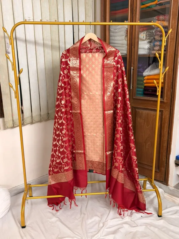 Peach__And__Red_Soft_Silk_Unstitched_Suit_Set_Material_For_Women