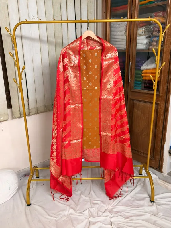 Mustard__And__Red_Soft_Silk_Unstitched_Suit_Set_Material_For_Women