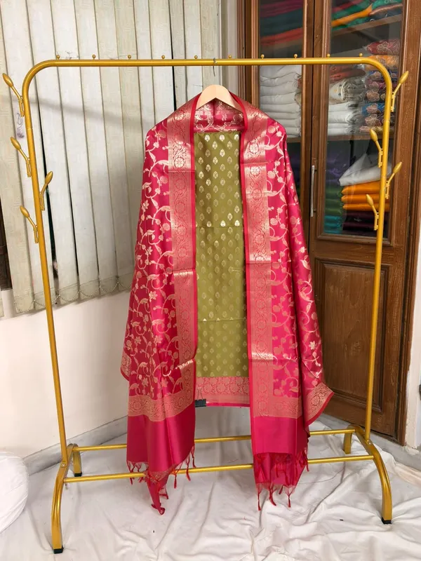 Olive_Green__And__Red_Soft_Silk_Unstitched_Suit_Set_Material_For_Women