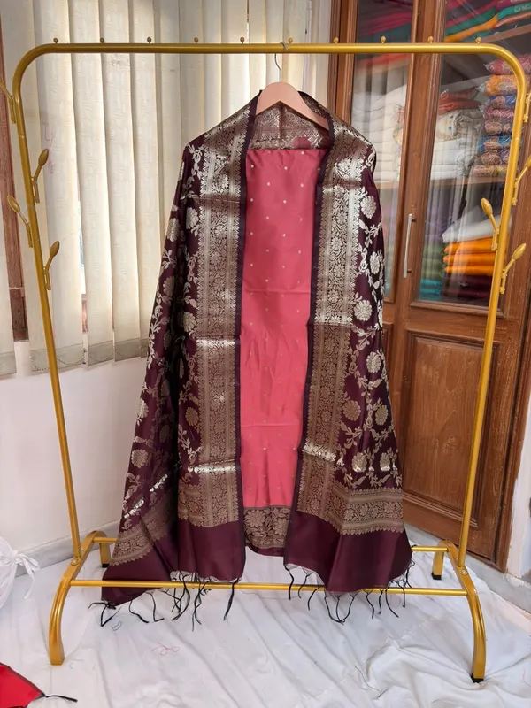 Pink__And__Maroon_Soft_Silk_Unstitched_Suit_Set_Material_For_Women