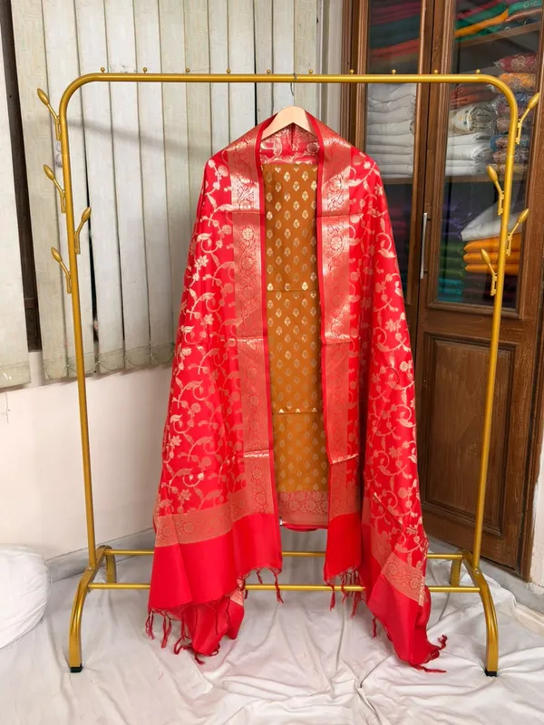 Mustard__And__Red_Soft_Silk_Unstitched_Suit_Set_Material_For_Women